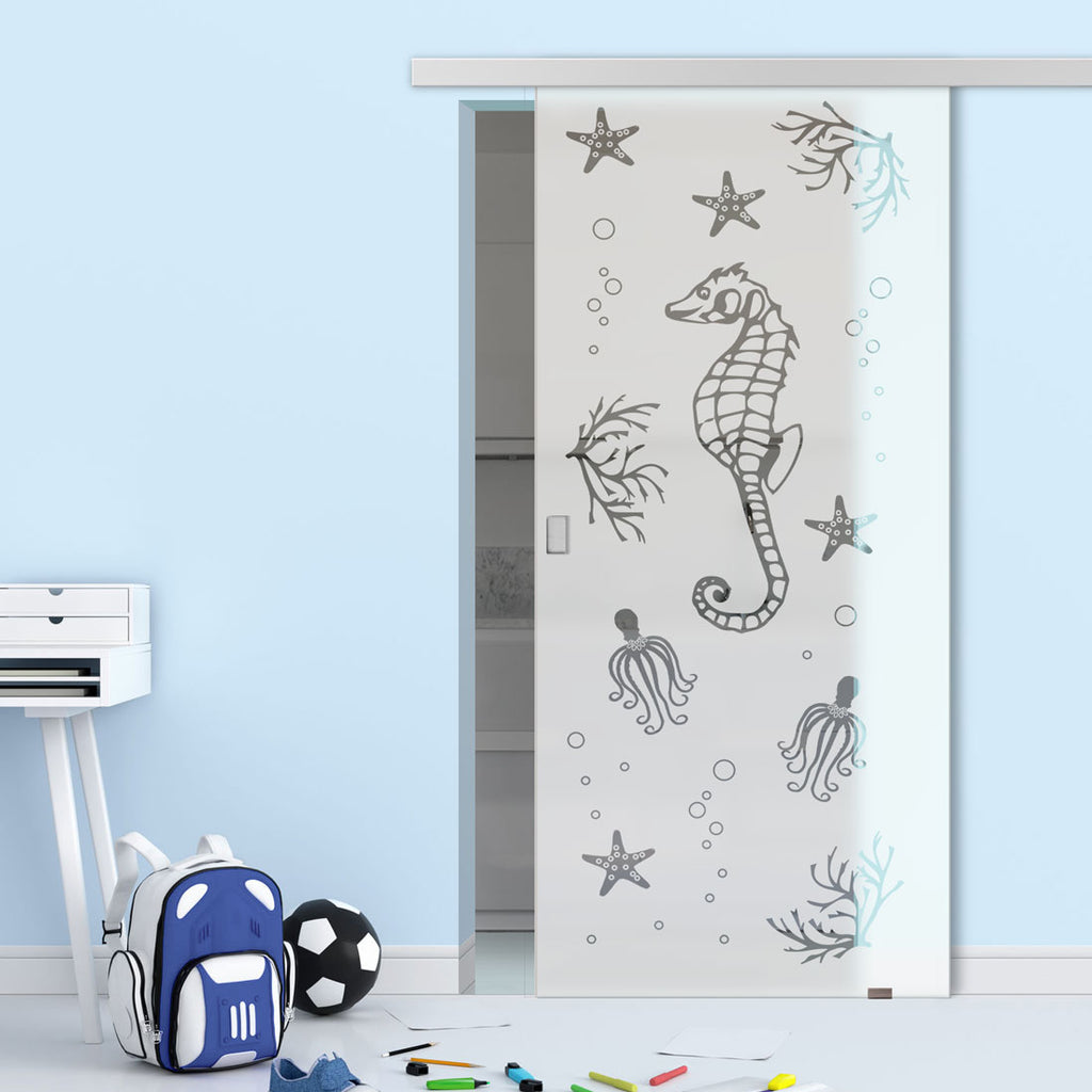 Single Glass Sliding Door - Seahorse 8mm Obscure Glass - Clear Printed Design with Elegant Track