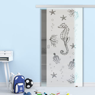 Image: Single Glass Sliding Door - Seahorse 8mm Obscure Glass - Clear Printed Design with Elegant Track