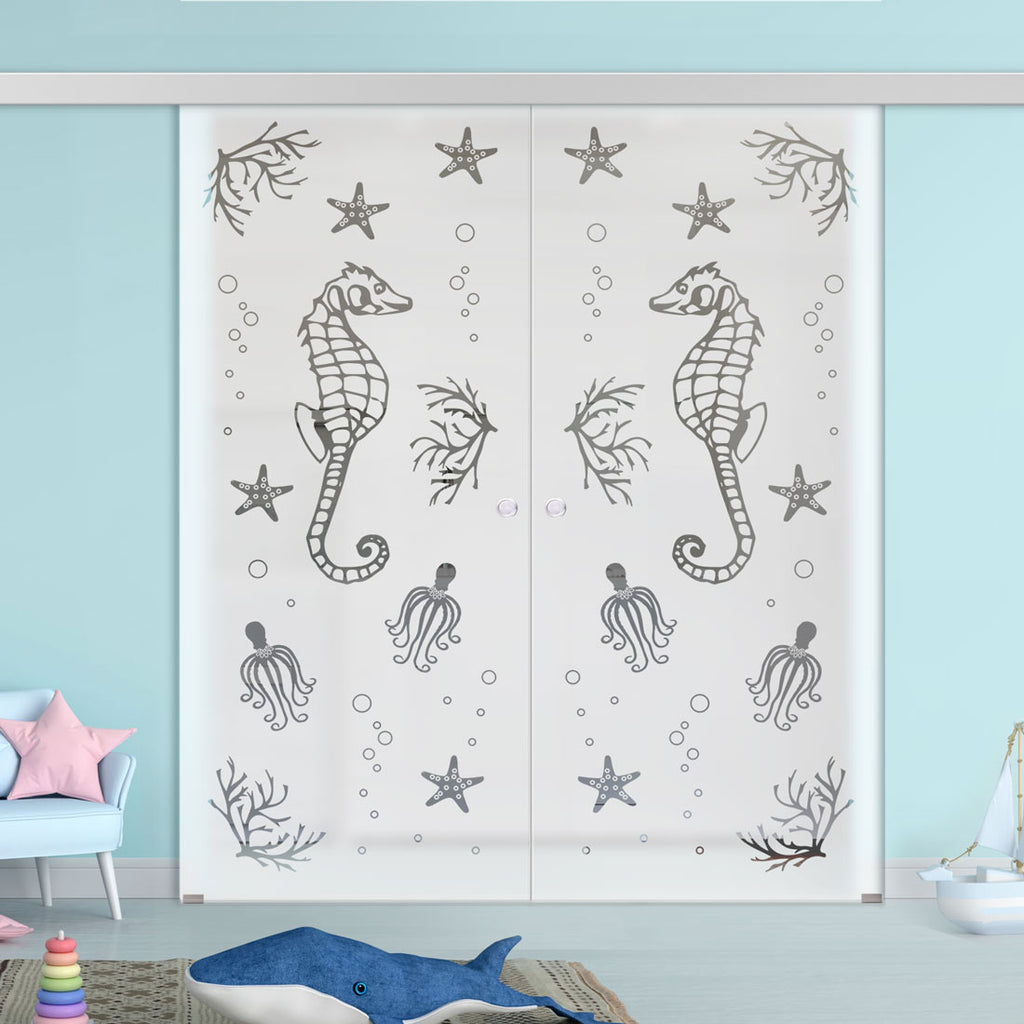 Double Glass Sliding Door - Seahorse 8mm Obscure Glass - Clear Printed Design with Elegant Track