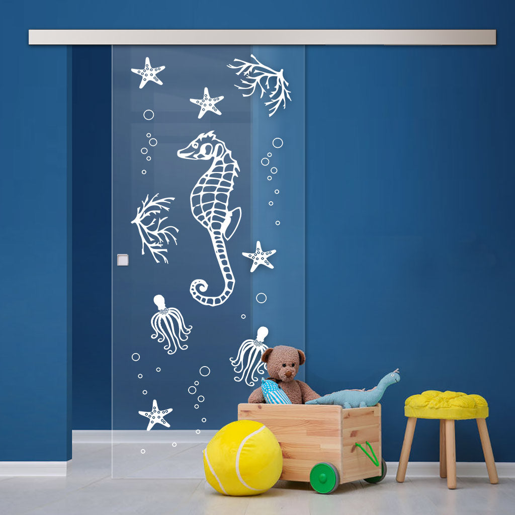 Single Glass Sliding Door - Seahorse 8mm Clear Glass - Obscure Printed Design with Elegant Track