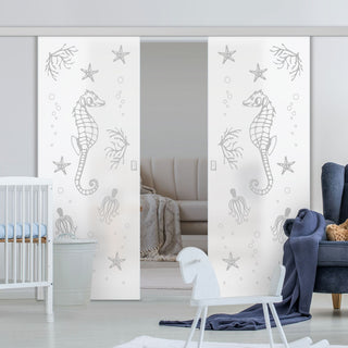 Image: Double Glass Sliding Door - Seahorse 8mm Obscure Glass - Obscure Printed Design with Elegant Track