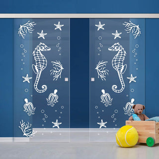 Image: Double Glass Sliding Door - Seahorse 8mm Clear Glass - Obscure Printed Design with Elegant Track