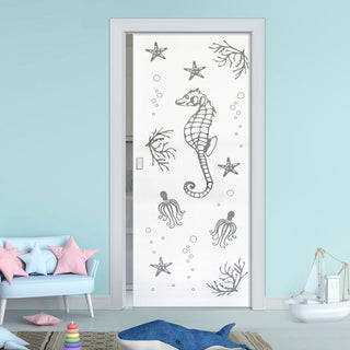 Image: Seahorse 8mm Obscure Glass - Clear Printed Design - Single Evokit Glass Pocket Door