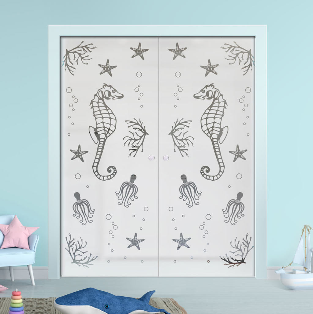 Seahorse 8mm Obscure Glass - Clear Printed Design - Double Evokit Glass Pocket Door