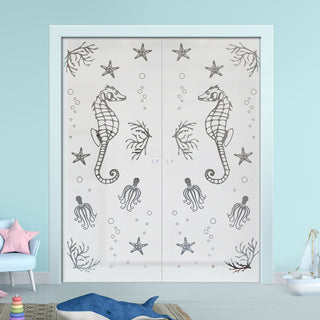 Image: Seahorse 8mm Obscure Glass - Clear Printed Design - Double Evokit Glass Pocket Door