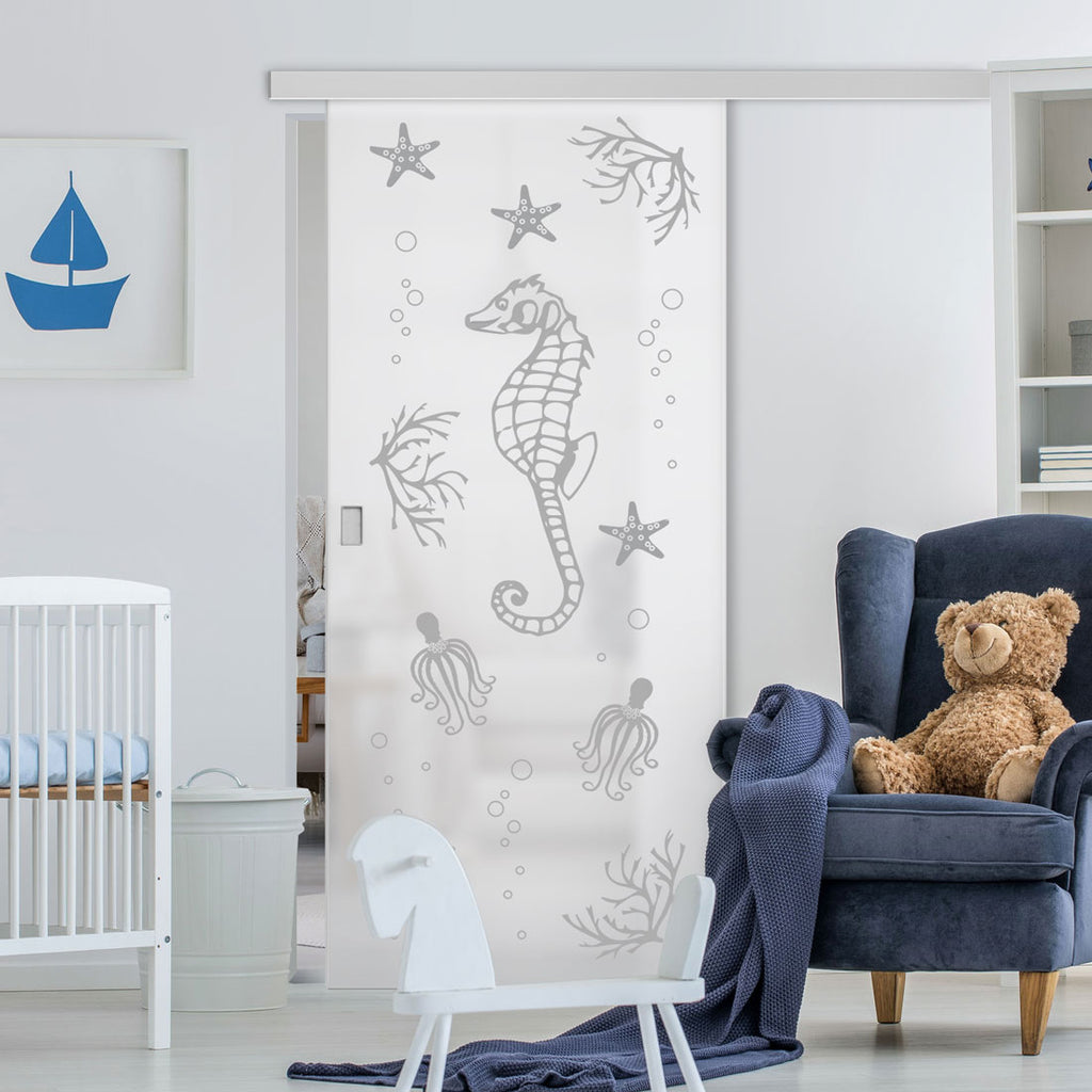 Single Glass Sliding Door - Seahorse 8mm Obscure Glass - Obscure Printed Design with Elegant Track