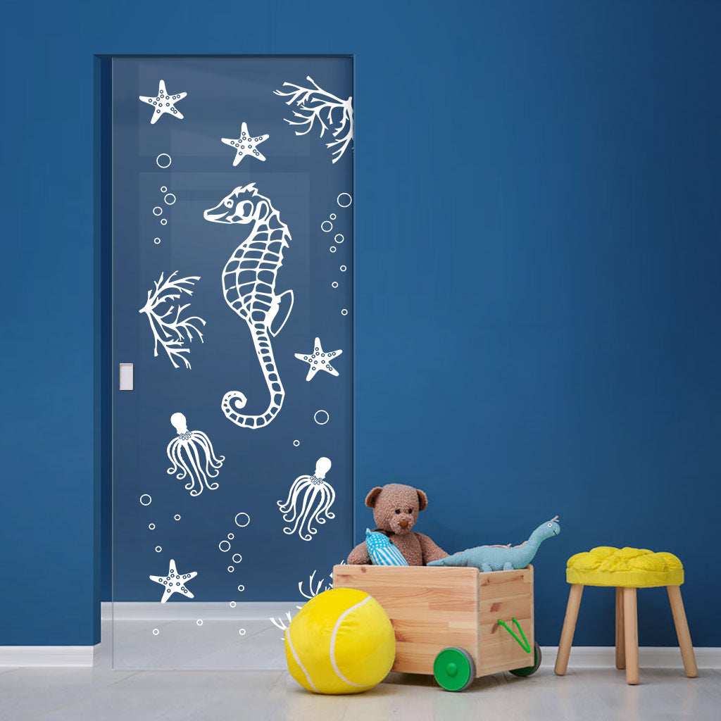 Seahorse 8mm Clear Glass - Obscure Printed Design - Single Absolute Pocket Door