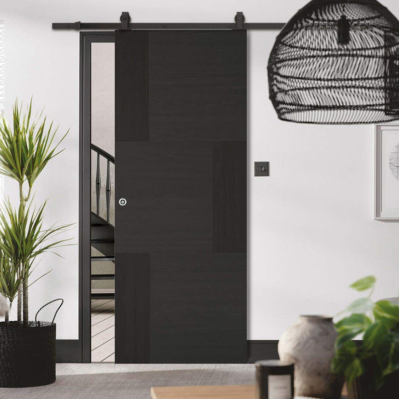 Top Mounted Black Sliding Track & Door - Seis Charcoal Black Flush Door - Prefinished