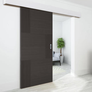 Image: Single Sliding Door & Wall Track - Seis Charcoal Black Flush Door - Prefinished