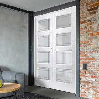 Image: Selkirk Lightly Grained Internal PVC Door Pair - Ayr Style Sandblasted Glass