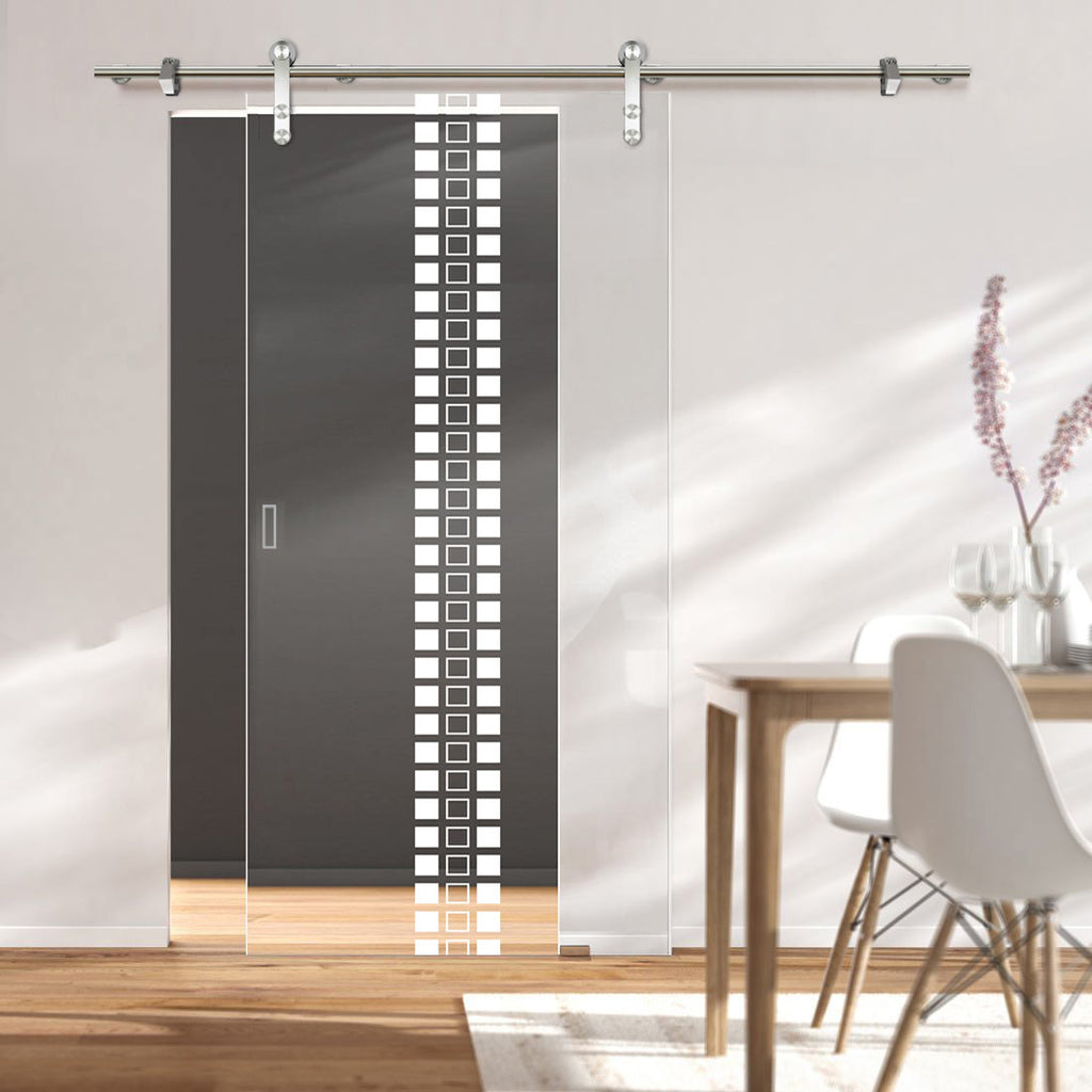 Single Glass Sliding Door - Solaris Tubular Stainless Steel Sliding Track & Seton 8mm Clear Glass - Obscure Printed Design