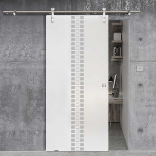 Image: Single Glass Sliding Door - Solaris Tubular Stainless Steel Sliding Track & Seton 8mm Obscure Glass - Obscure Printed Design