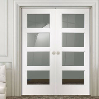 Image: Simpli Double Door Set - Severo White 4 Pane Door - Clear Bevelled Glass - Prefinished