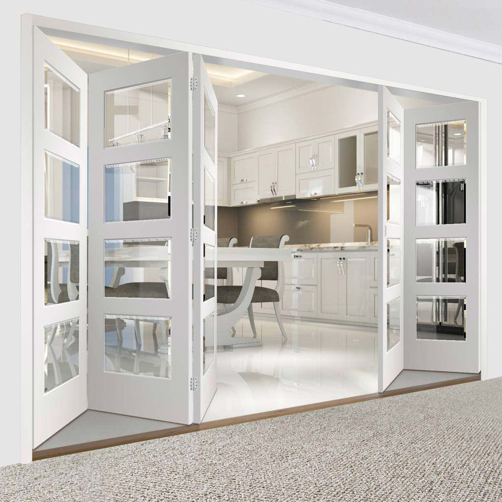 Five Folding Doors & Frame Kit - Severo White 4 Pane 3+2 - Clear Bevelled Glass - Prefinished