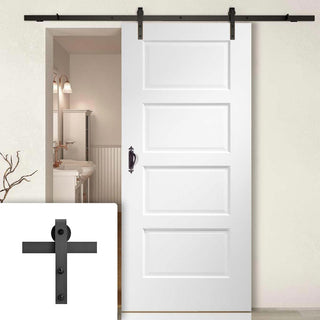 Image: Single Sliding Door & Black Barn Track - Severo White 4 Panel Door - Prefinished