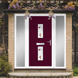 Image: Cottage Style Seville 2 Composite Front Door Set with Double Side Screen - Kupang Red Glass - Shown in Purple Violet