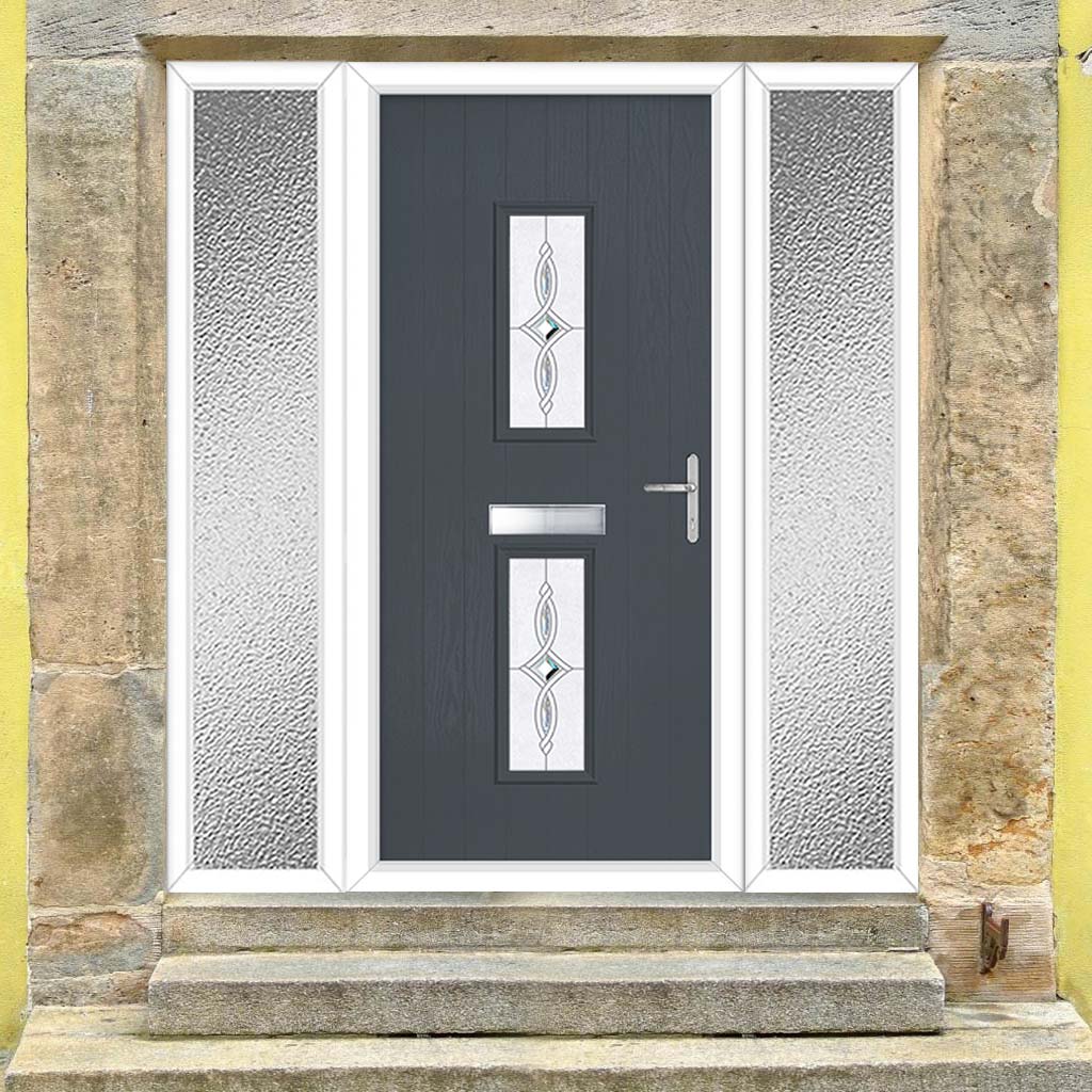 Cottage Style Seville 2 Composite Front Door Set with Double Side Screen - Pusan - Shown in Slate Grey