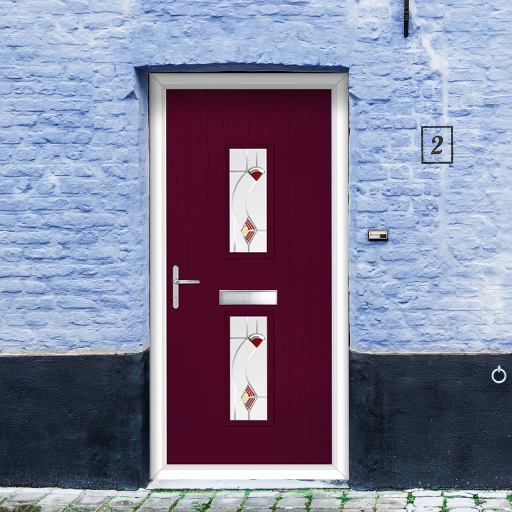 Cottage Style Seville 2 Composite Front Door Set with Kupang Red Glass - Shown in Purple Violet