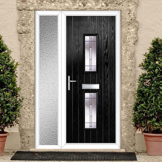 Image: Cottage Style Seville 2 Composite Front Door Set with Single Side Screen - Barite Glass - Shown in Black