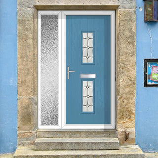 Image: Cottage Style Seville 2 Composite Front Door Set with Single Side Screen - Mirage Glass - Shown in Pastel Blue