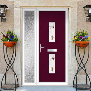 Image: Cottage Style Seville 2 Composite Front Door Set with Single Side Screen - Kupang Red Glass - Shown in Purple Violet