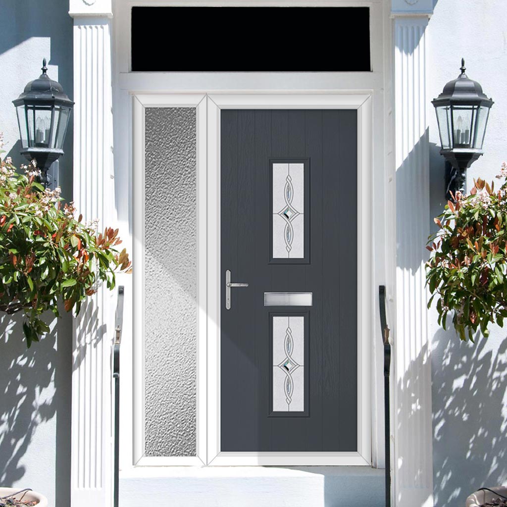 Cottage Style Seville 2 Composite Front Door Set with Single Side Screen - Pusan Glass - Shown in Slate Grey