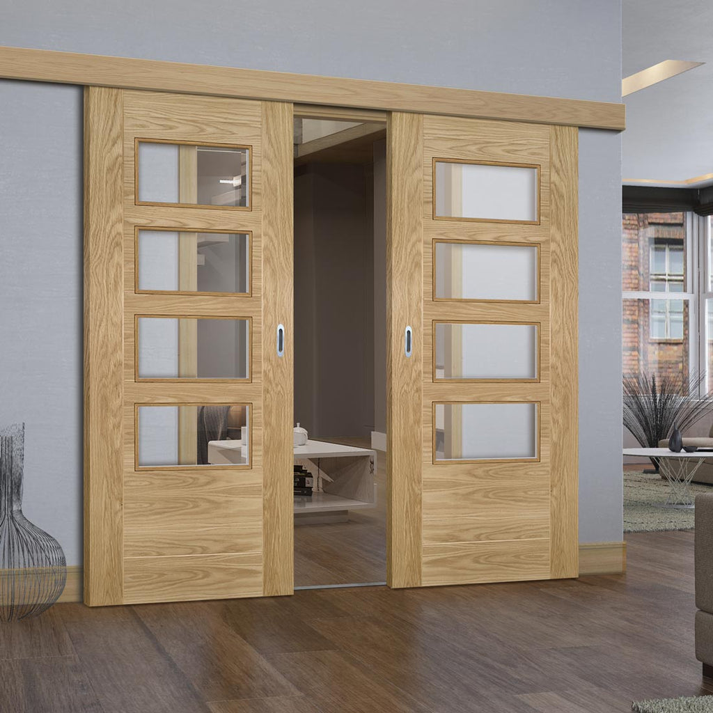 Double Sliding Door & Wall Track - Seville 4L Glazed Oak Door - Prefinished