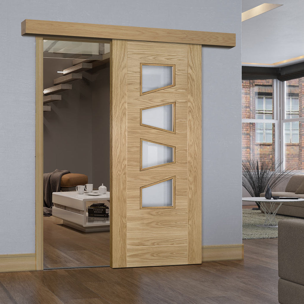 Single Sliding Door & Wall Track - Seville 4LS Glazed Oak Door - Irregular Glass Panes - Prefinished