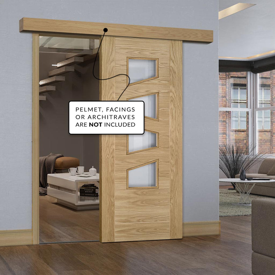 Single Sliding Door & Wall Track - Seville 4LS Glazed Oak Door - Irregular Glass Panes - Prefinished
