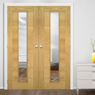 Image: Seville Oak Fire Internal Door Pair - Clear Glass - 1/2 Hour Fire Rated - Prefinished