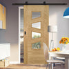 Top Mounted Black Sliding Track & Door - Seville 4LS Glazed Oak Door - Irregular Glass Panes - Prefinished