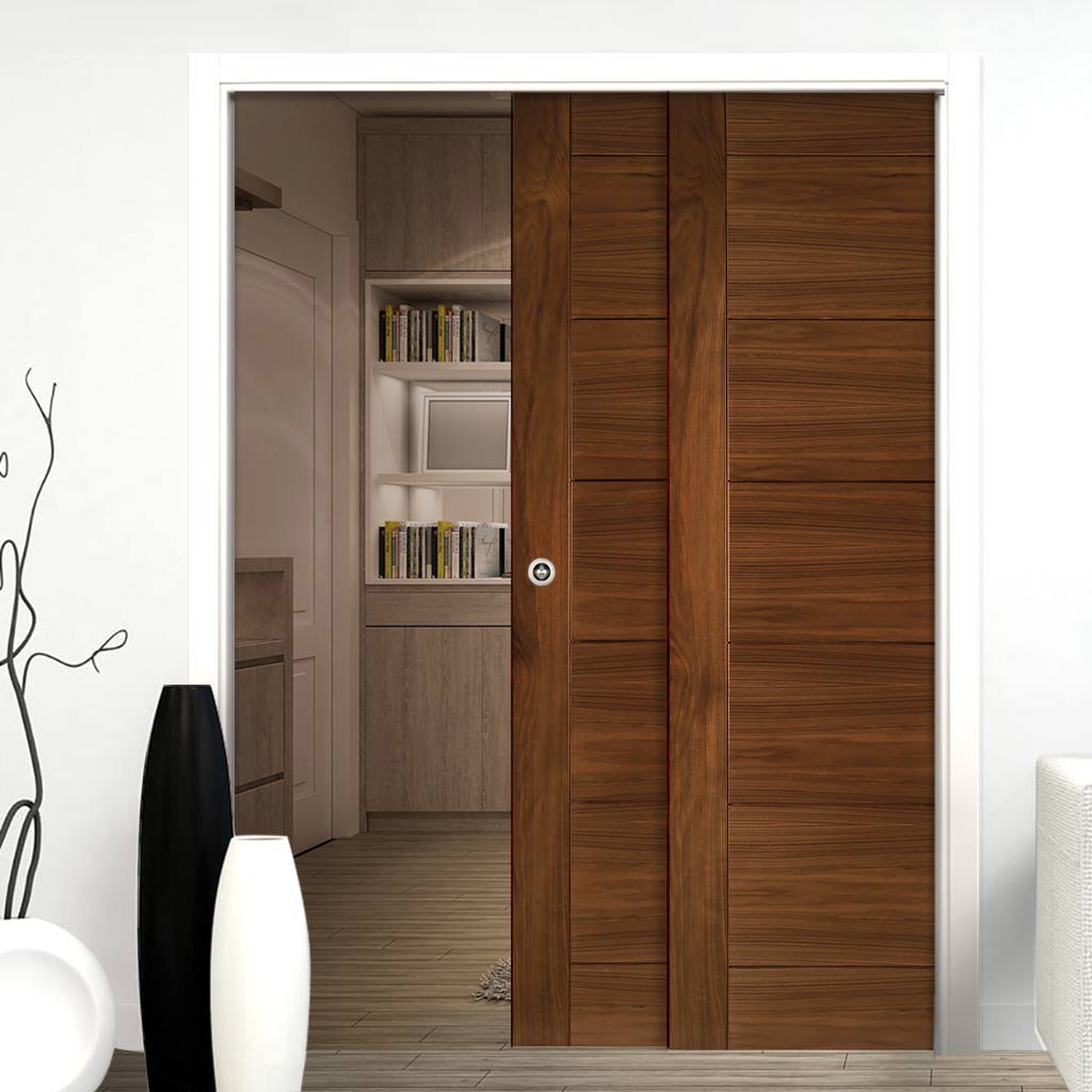 Seville Walnut Veneer Staffetta Twin Telescopic Pocket Doors - Prefinished