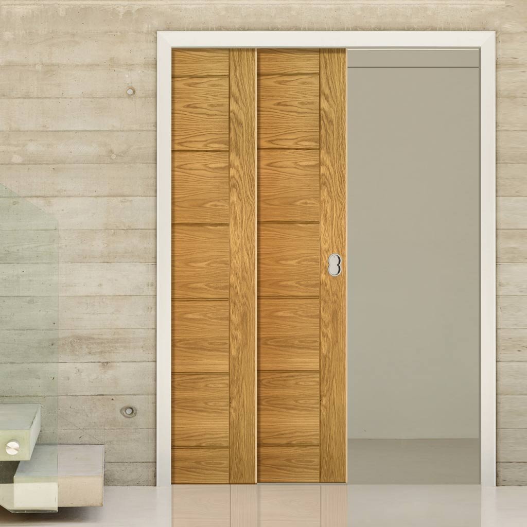 Seville Oak Veneer Panel Staffetta Twin Telescopic Pocket Doors - Prefinished