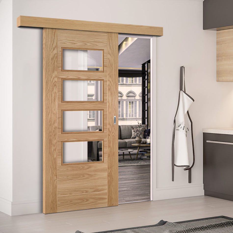 Single Sliding Door & Wall Track - Seville 4L Glazed Oak Door - Prefinished