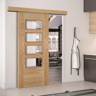 Image: Single Sliding Door & Wall Track - Seville 4L Glazed Oak Door - Prefinished