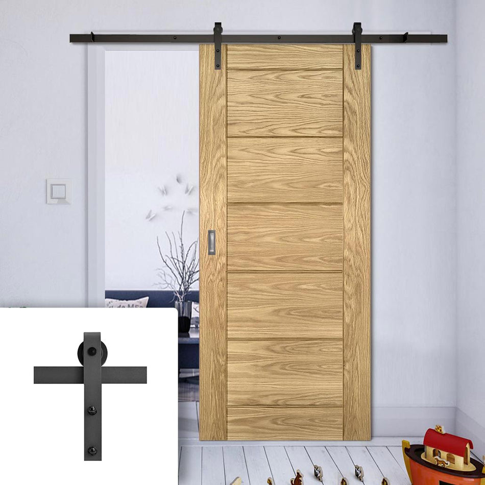 Single Sliding Door & Black Barn Track - Seville Oak Panel Door - Prefinished