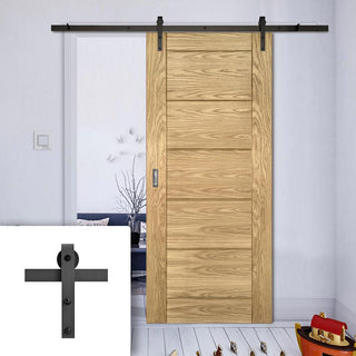 Image: Single Sliding Door & Black Barn Track - Seville Oak Panel Door - Prefinished