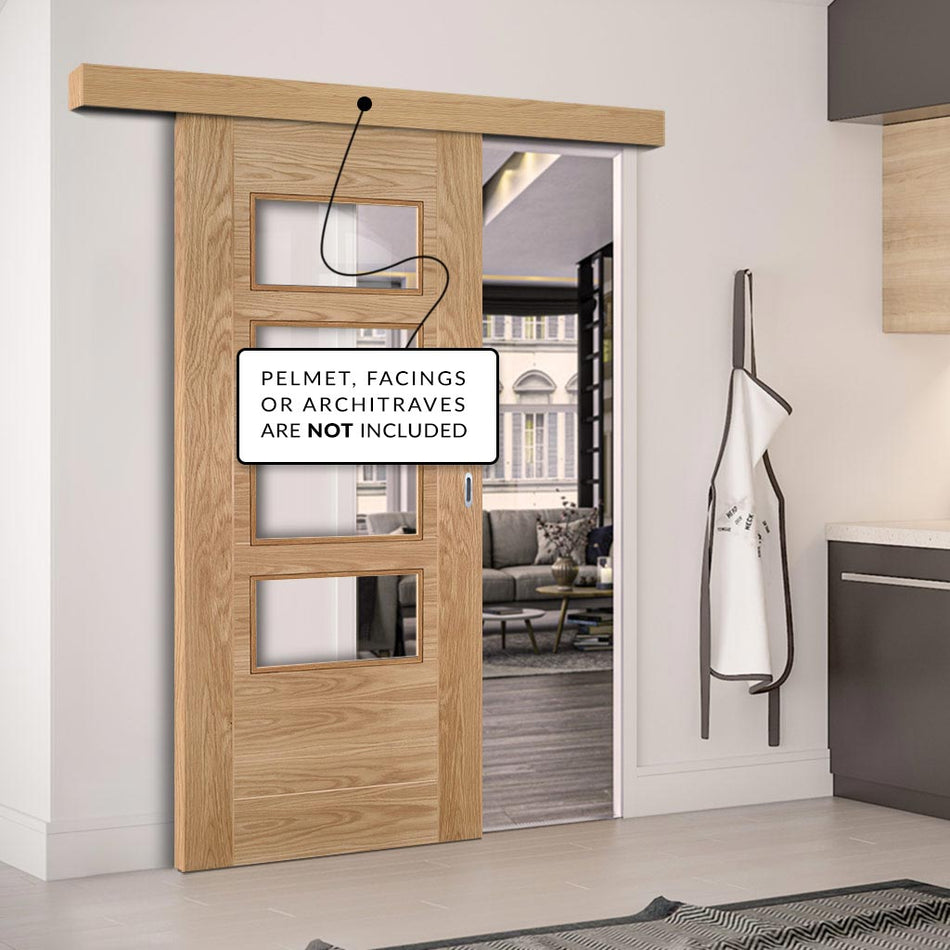 Single Sliding Door & Wall Track - Seville 4L Glazed Oak Door - Prefinished