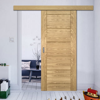 Image: Single Sliding Door & Wall Track - Seville Oak Panel Door - Prefinished