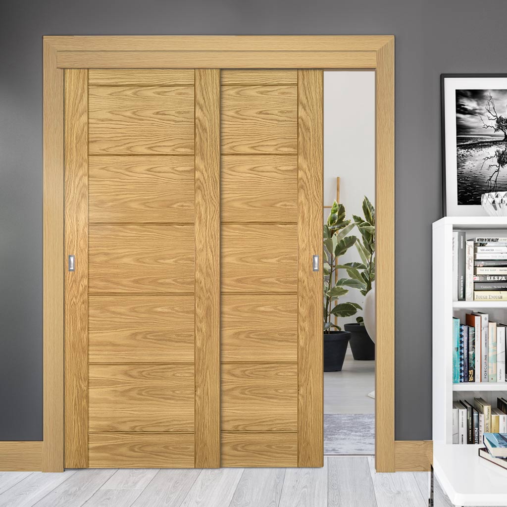 Pass-Easi Two Sliding Doors and Frame Kit - Seville Oak Panel Door - Prefinished