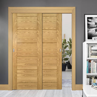 Image: Pass-Easi Two Sliding Doors and Frame Kit - Seville Oak Panel Door - Prefinished
