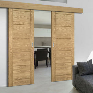 Image: Double Sliding Door & Wall Track - Seville Oak Panel Door - Prefinished