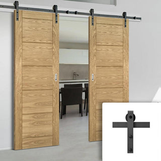 Image: Double Sliding Door & Black Barn Track - Seville Oak Panel Door - Prefinished