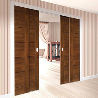 Image: Seville Walnut Veneer Staffetta Quad Telescopic Pocket Doors - Prefinished