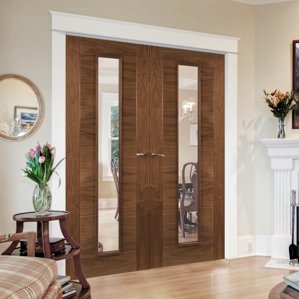 Bespoke Seville Walnut Internal Door Pair - Clear Glass