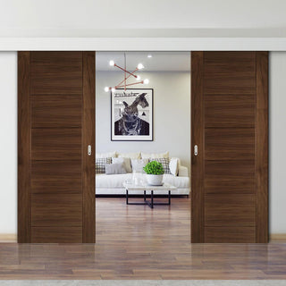 Image: Double Sliding Door & Wall Track - Seville Prefinished Walnut Door