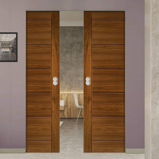 Image: Seville Walnut Absolute Evokit Double Pocket Doors - Prefinished