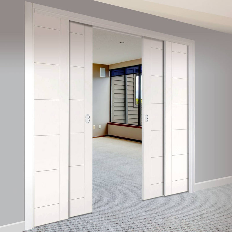 Seville Flush Staffetta Quad Telescopic Pocket Doors - White Primed