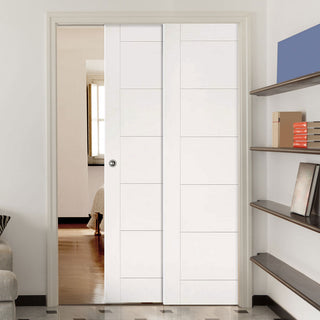 Image: Seville Flush Staffetta Twin Telescopic Pocket Doors - White Primed