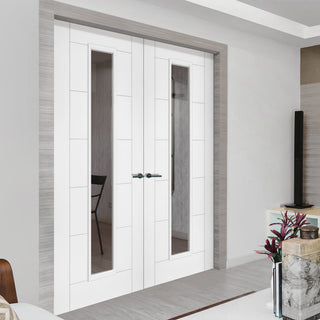 Image: Bespoke Seville White Primed Internal Door Pair - Clear Glass